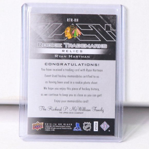 Ryan Hartman UD Black Rookie Relics Card 2015/16 Chicago Blackhawks RTR-RH - Picture 2 of 2